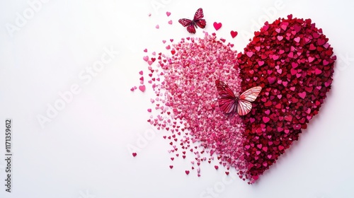 Heartfelt Celebration: A delicate heart crafted from tiny red and pink beads, adorned with two graceful butterflies, symbolizes love, passion, and the beauty of fleeting moments.