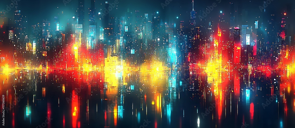 Vivid Nightscape City Skyline Illuminated With Bright Lights Vivid Nightscape City Skyline Illuminated With Bright Lights