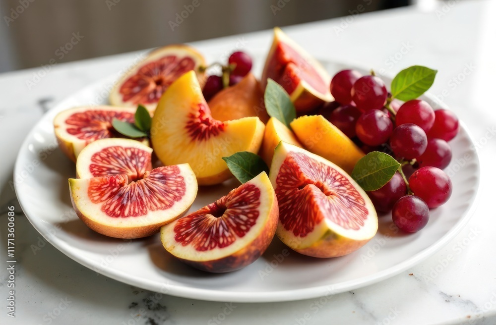 fresh sliced blood oranges, peaches, and grapes arranged on white plate against marble background. vibrant fruits on dish. healthy eating concept fresh sliced blood oranges, peaches, and grapes arranged on white plate against marble background. vibrant fruits on dish. healthy eating concept