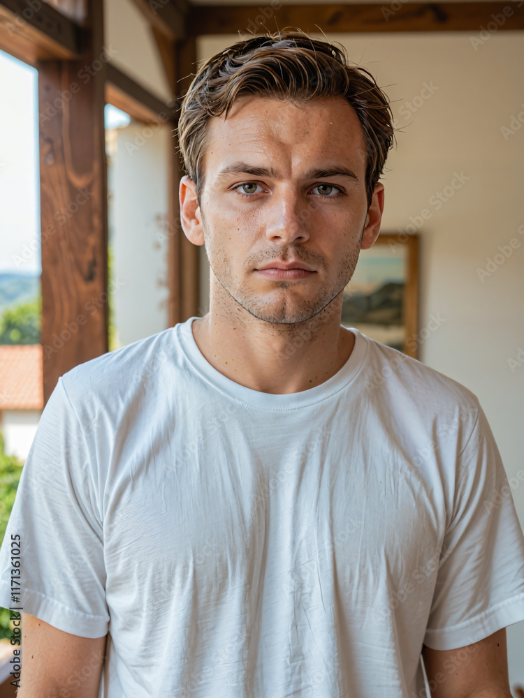 Fototapeta premium Retrato de un hombre joven blanco vistiendo una camiseta blanca de algodón