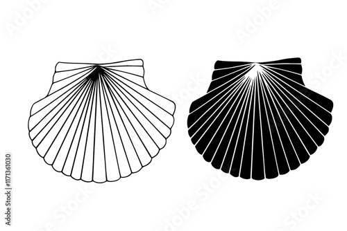 Line sketch, silhouette, stamp of aquatic inhabitants of sea shells. Vector graphics.