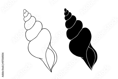 Line sketch, silhouette, stamp of aquatic inhabitants of sea shells. Vector graphics.