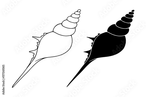 Line sketch, silhouette, stamp of aquatic inhabitants of sea shells. Vector graphics.