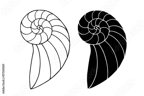 Line sketch, silhouette, stamp of aquatic inhabitants of sea shells. Vector graphics.