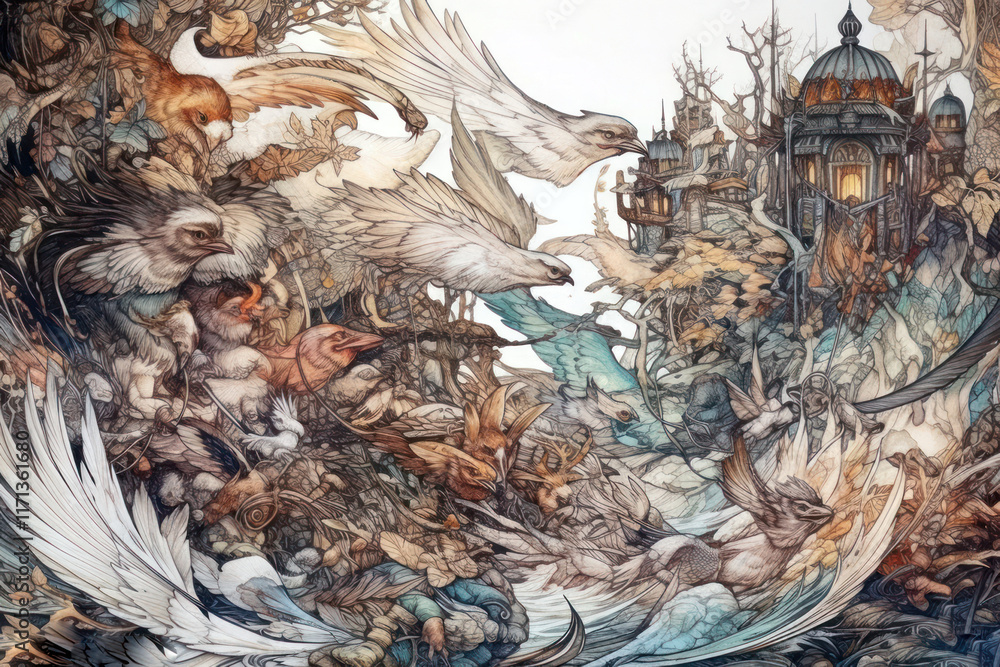 Fototapeta premium fantastic scene with many mythical creatures and birds flying in the air 