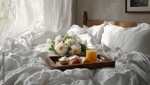 Wallpaper Mural Cozy Breakfast in Bed Scene with Fresh Flowers, Croissants, and Orange Juice on a Wooden Tray Surrounded by Soft White Bedding and Natural Light Torontodigital.ca