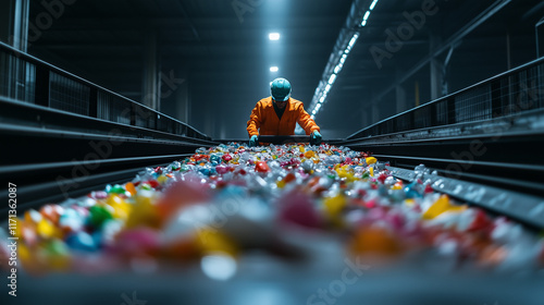 Wallpaper Mural A cutting-edge recycling plant with machinery sorting plastics on conveyor belts, photographed from a low-angle perspective for a futuristic look Torontodigital.ca