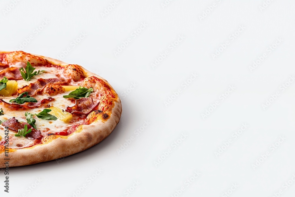 A piece of Hawaiian pizza with ham and pineapple, set against a clear background. A piece of Hawaiian pizza with ham and pineapple, set against a clear background.