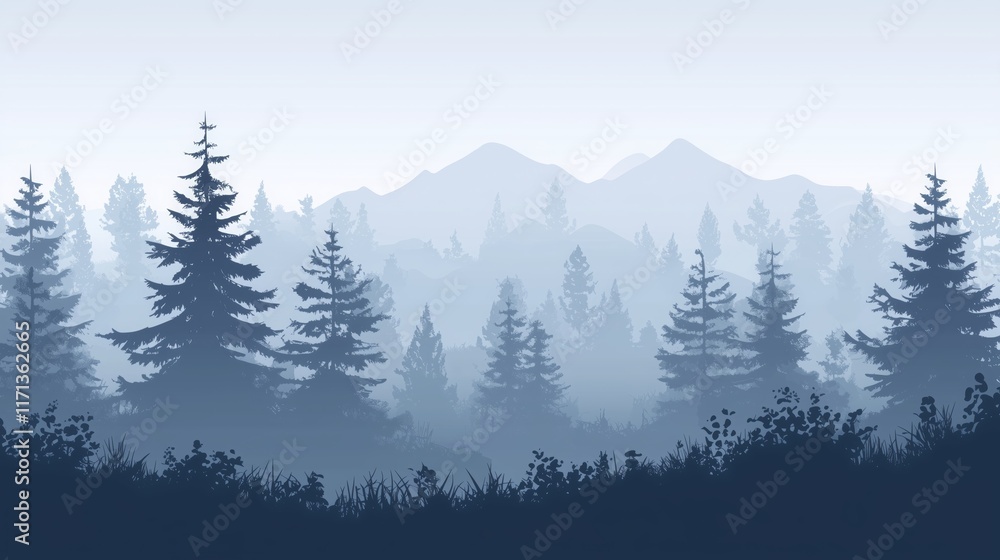 Obraz premium Misty forest landscape with mountains in the background and silhouette of evergreen trees
