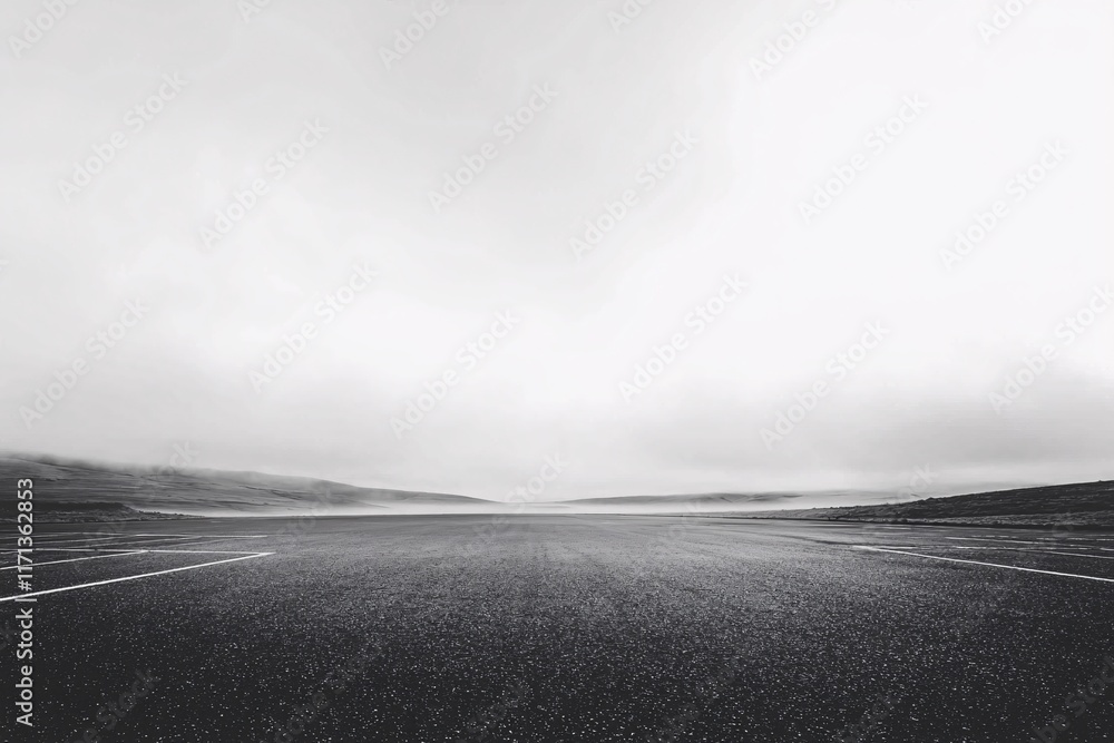 Empty Asphalt Road Misty Hills Monochrome Landscape Empty Asphalt Road Misty Hills Monochrome Landscape