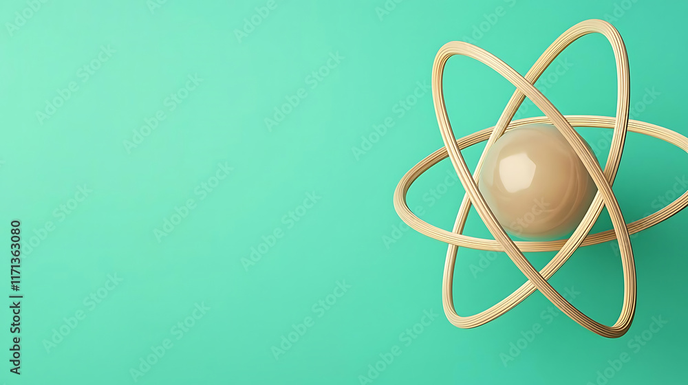 Renewable atom models. 3D model of atom with beige nucleus and golden orbits on teal background Renewable atom models. 3D model of atom with beige nucleus and golden orbits on teal background