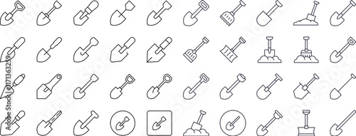 Collection of Shovel Related Line Icons. Outline Signs for Graphic and Web Design, Apps, Adverts, Various Cards