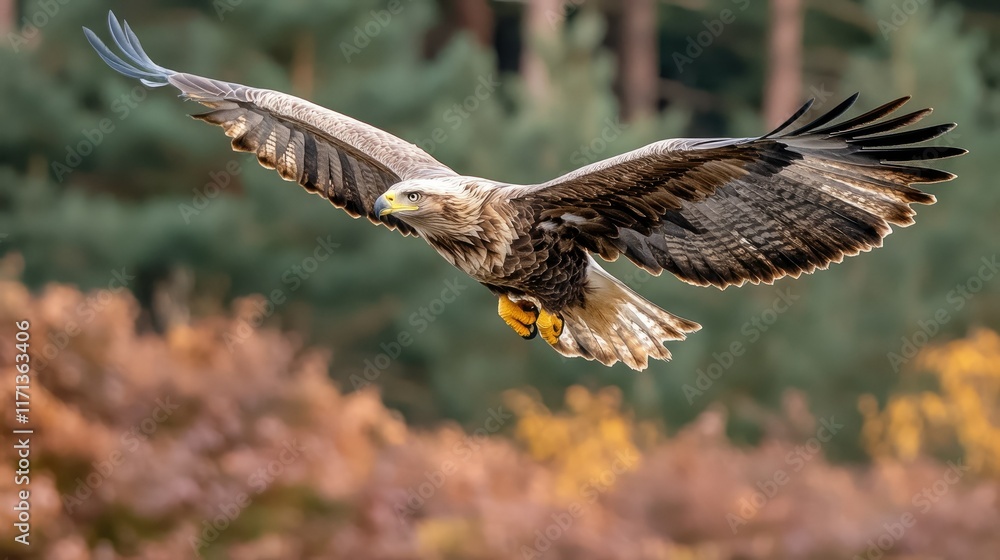 Fototapeta premium Majestic eagle in flight over autumnal landscape.