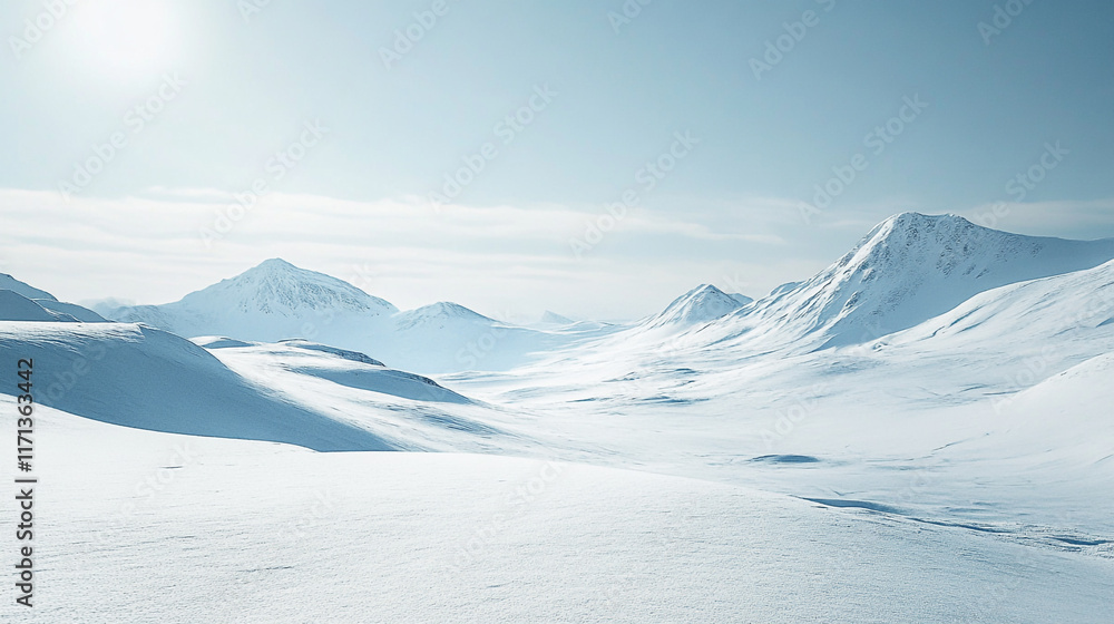 Fototapeta premium A breathtaking landscape of pristine snow-covered mountains under a clear blue sky, Serene snowy mountain landscape in soft light.