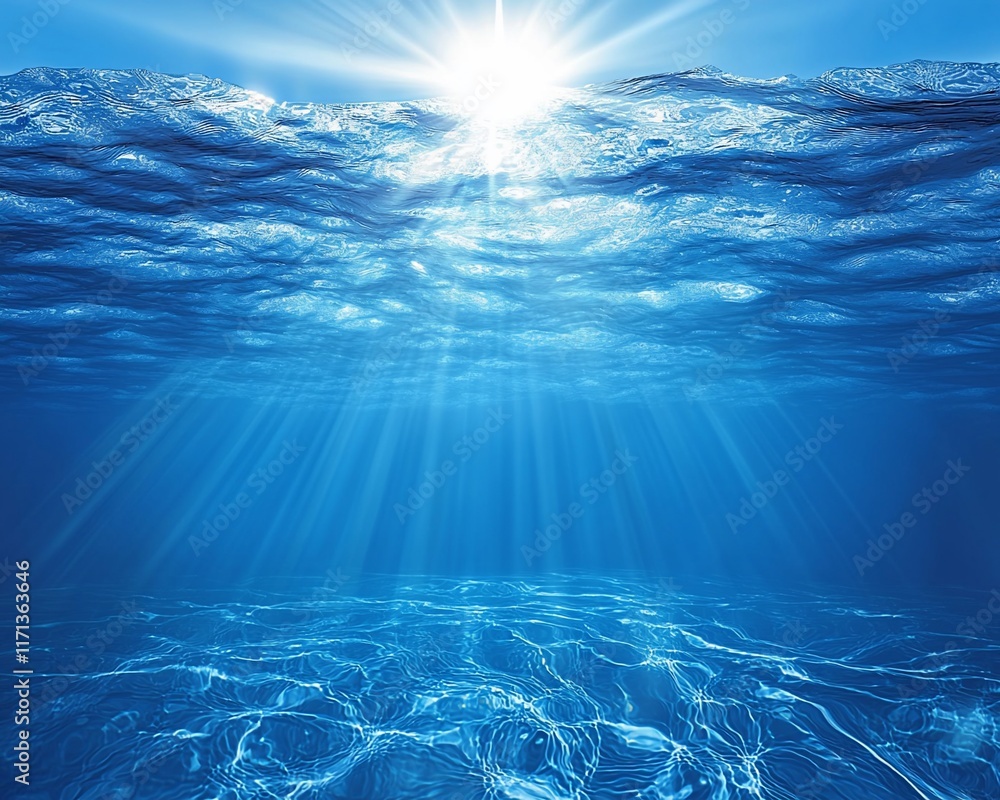 Underwater sun rays shining through ocean water. Underwater sun rays shining through ocean water.