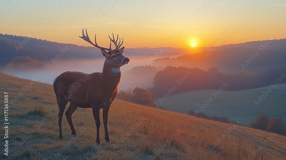 Fototapeta premium Majestic red deer stag standing on a hill at sunrise, overlooking a misty valley.