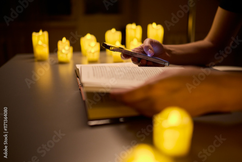 Enjoy a serene candlelit reading experience surrounded by books in a calming atmosphere photo