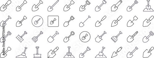 Shovel Line Icon Collection. Outline Signs for Graphic and Web Design, Apps, Adverts, Various Cards