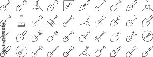 Shovel Thin Line Icon Set. Outline Signs for Graphic and Web Design, Apps, Adverts, Various Cards