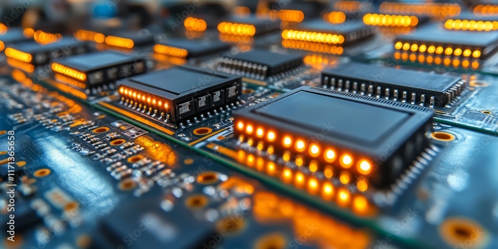 Close-up view showcases a vibrant circuit board with multiple chips gently glowing, highlighting the complexity of modern technology in an electrifying display Close-up view showcases a vibrant circuit board with multiple chips gently glowing, highlighting the complexity of modern technology in an electrifying display