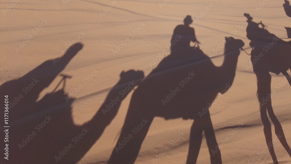 Caravan going through the sand dunes in the Sahara Desert, Morocco - Merzuga - tourist visit the desert on camels during the holidays - adventure and freedom during a trip , safari - organized travel