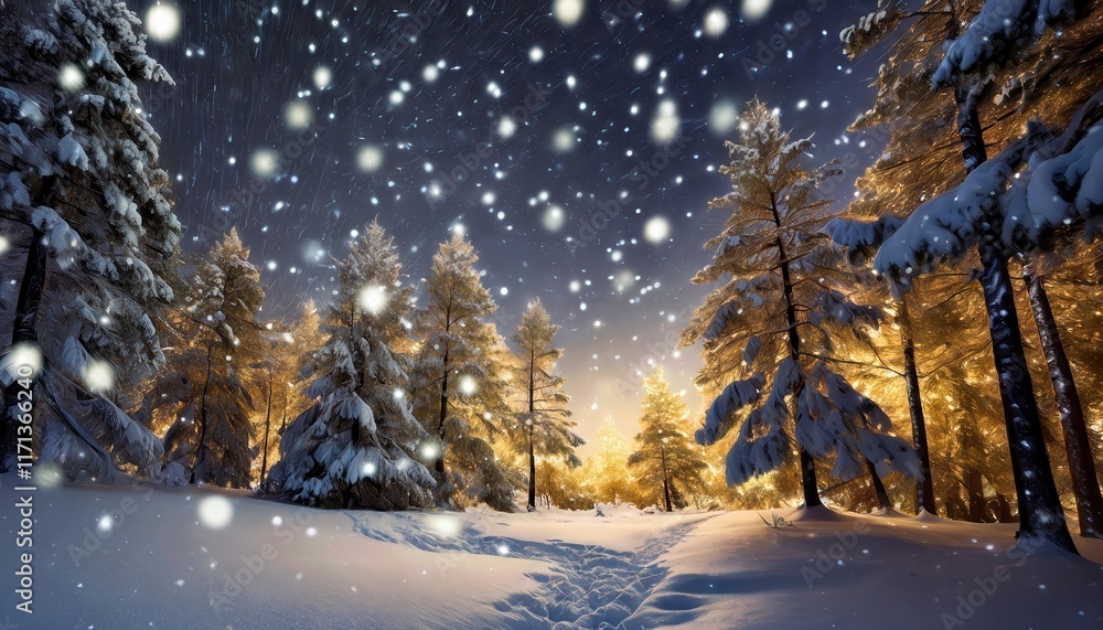 Enchanting Night in a Snowy Forest A Serene Scene of Falling Snow Under Starry Skies and Glowing Lights Captured by AI Enchanting Night in a Snowy Forest A Serene Scene of Falling Snow Under Starry Skies and Glowing Lights Captured by AI