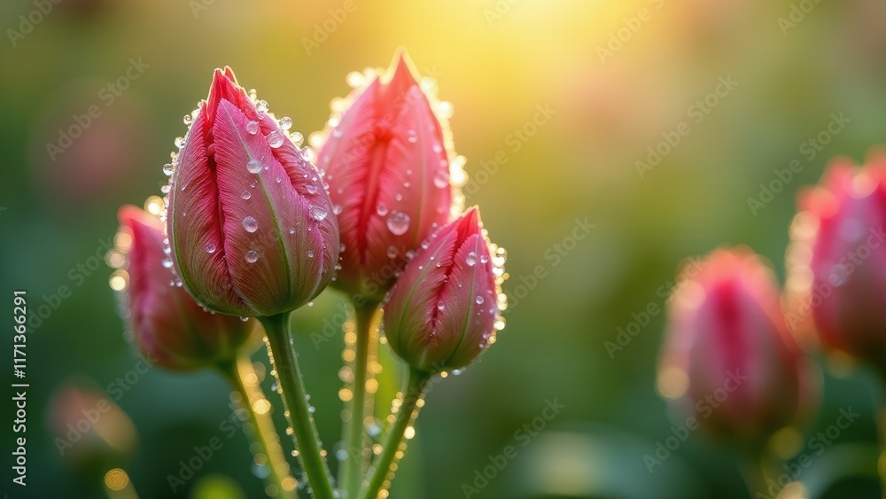 Close-Up of Pink Dew-Covered Flowers at Sunrise in Soft Focus
Close-Up of Pink Dew-Covered Flowers at Sunrise in Soft Focus