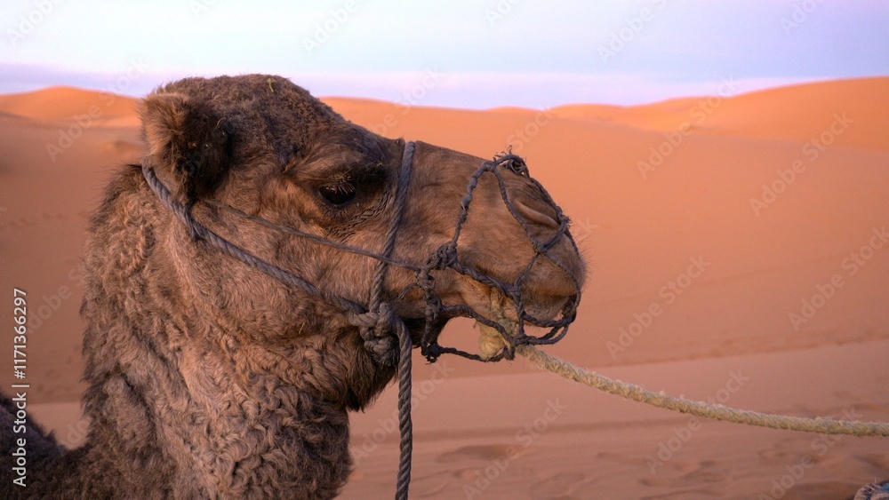 Africa, Morocco, Merzouga
tourists visit and take an adventurous trip to the Sahara desert with a Tuareg Berber guide they go to the sand dunes desert riding camels - safari desert tour