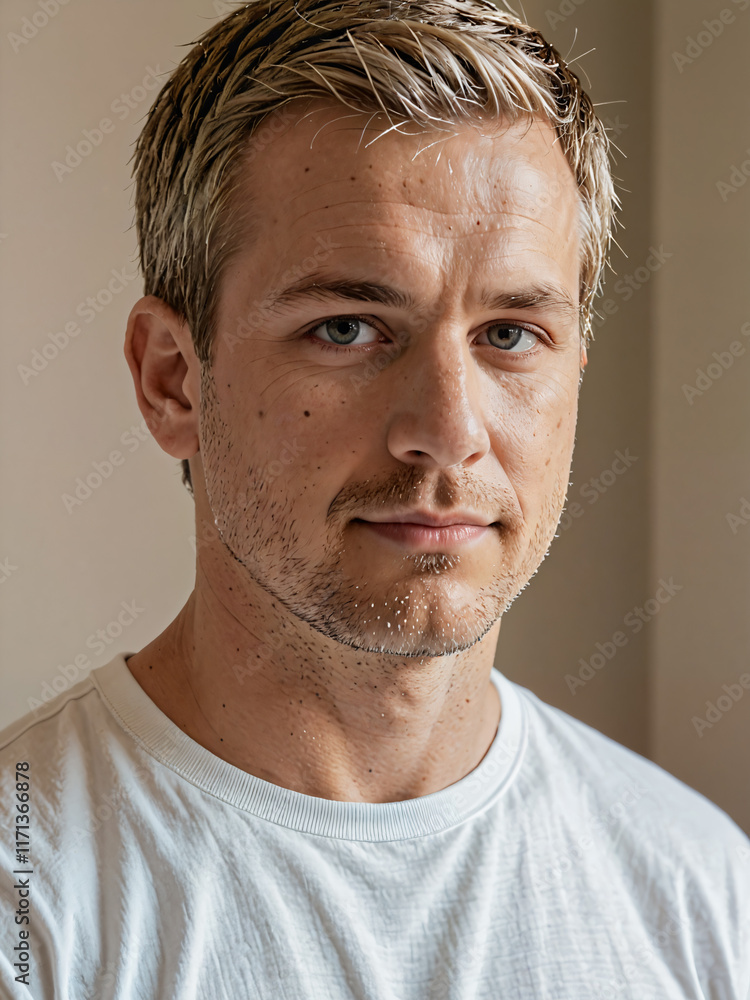 Obraz premium Retrato de un hombre blanco vistiendo una camiseta blanca de algodón
