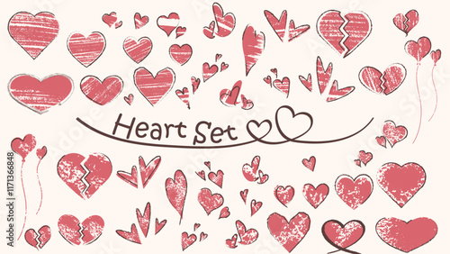 グランジ加工されたハート装飾素材セット