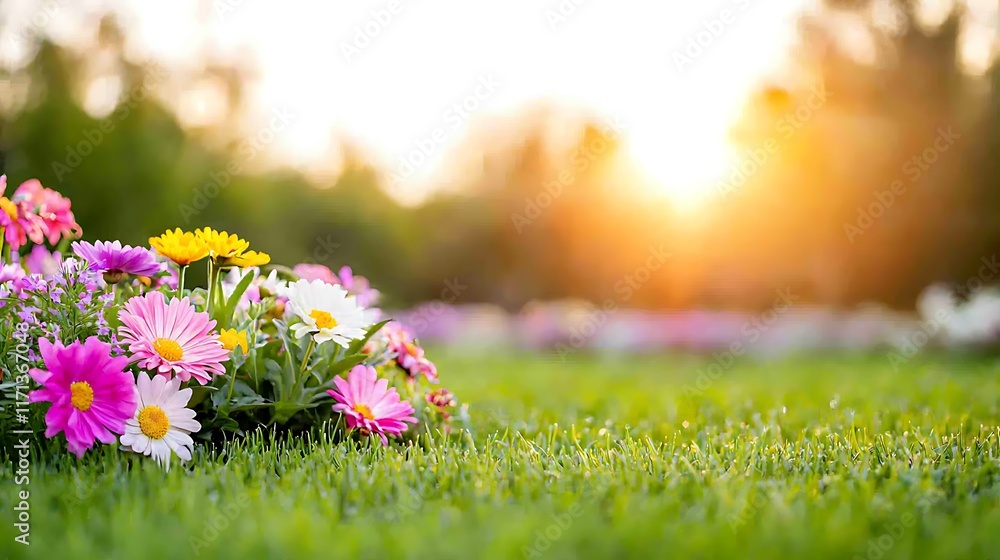 Obraz premium Vibrant colorful daisies in a lush green grass field at sunset.