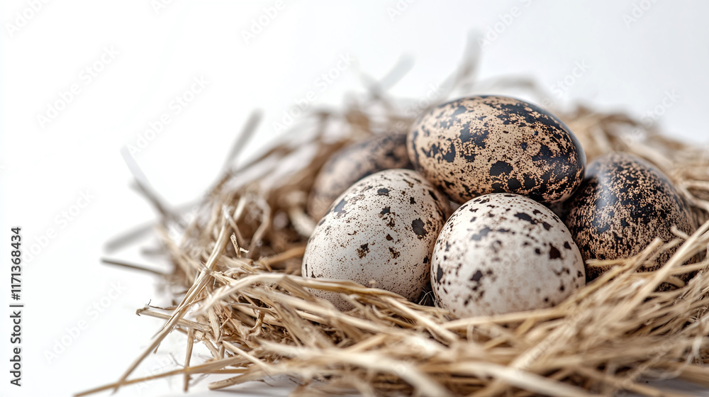 Obraz premium Closeup of eggs in a nest isolated on white background. organic protein food from bird animal on a farm, straw, rural.