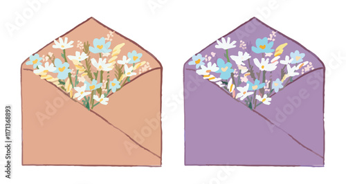 Women's Day, Mothers' Day. Vector set of craft envelopes with spring flowers. Open and closed envelope hand-drawn, sticker, print