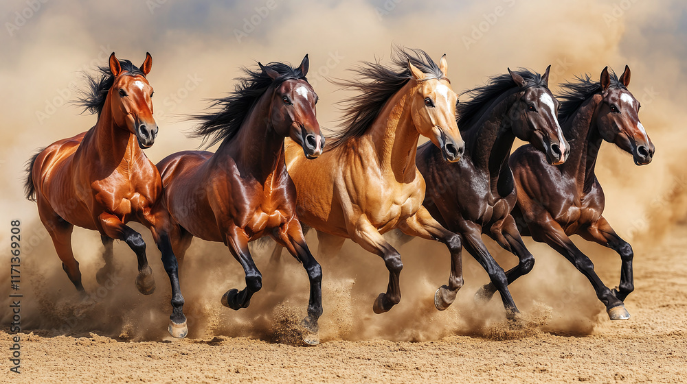 Group of five beautiful wild horses running in nature wilderness, dust behind them. equestrian freedom gallop, fast and strong stallion. Group of five beautiful wild horses running in nature wilderness, dust behind them. equestrian freedom gallop, fast and strong stallion.