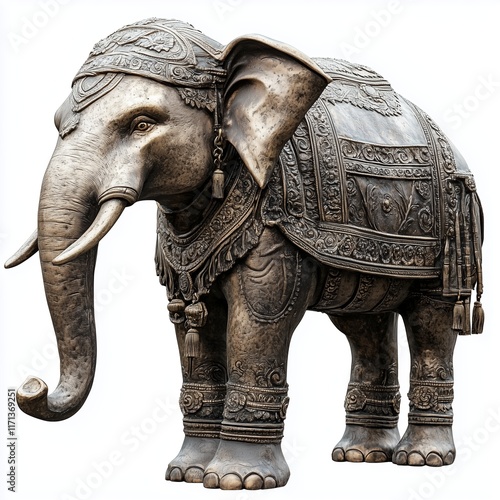 Intricate Asian style elephant figurine with detailed ornaments, showcasing traditional craftsmanship, isolated on background. photo