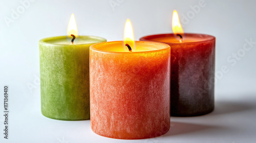 Group set of three decorative candles of different colors, orange, green and red, with small fire flame isolated on white background. vintage aromatic romantic home relax object.