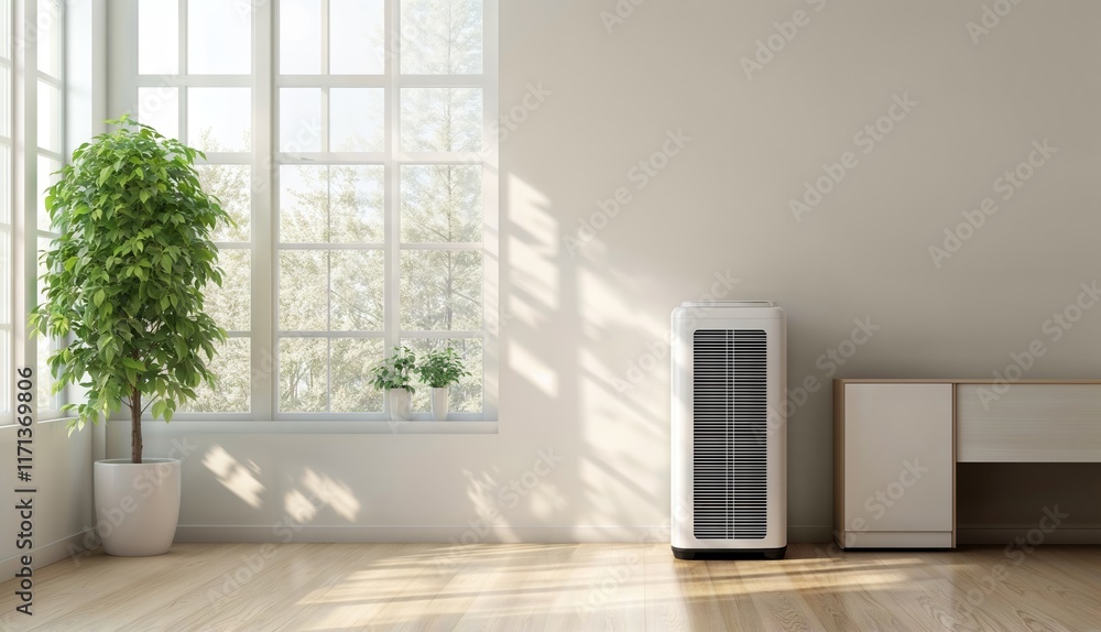Modern Air Purifier Interior. White portable air conditioner unit in minimalist living room with large windows and indoor plant.
