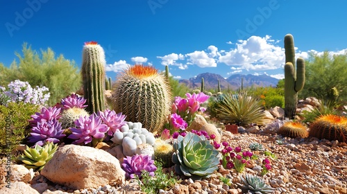 Vibrant desert landscape showcasing diverse cacti, succulents, and flowering plants under a clear blue sky with mountains in the background.