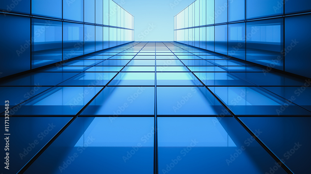 A Vision of Progress: A sleek, modern architectural design featuring a captivating perspective of a glass corridor leading towards a brilliant blue sky. The photograph evokes a sense of ambition.
