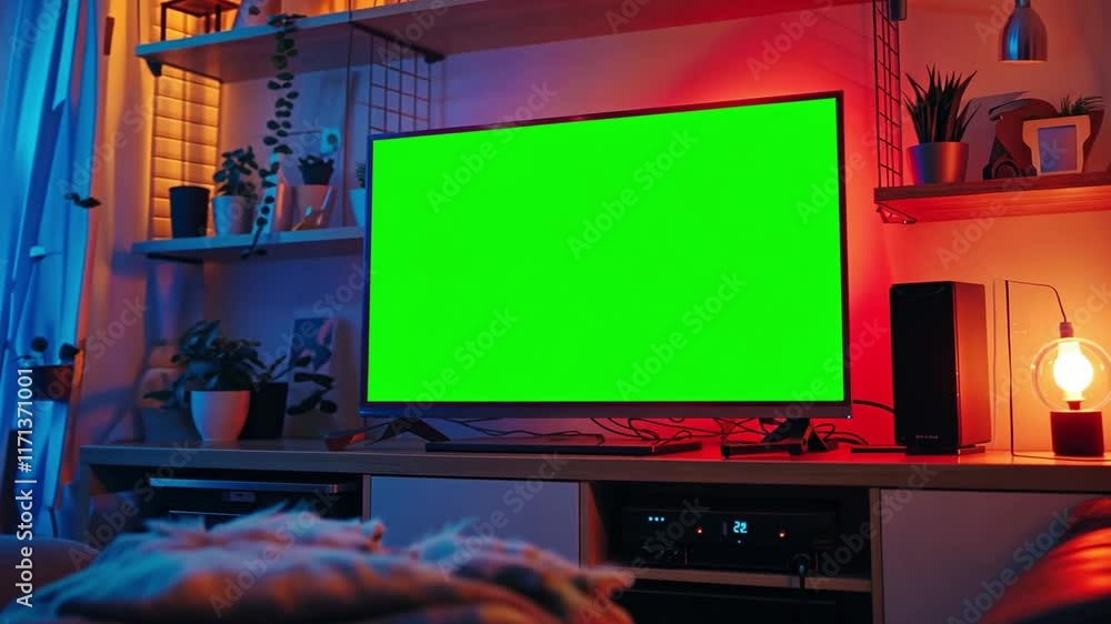 This lively space showcases a green screen TV, surrounded by plants and warm lights. This lively space showcases a green screen TV, surrounded by plants and warm lights.