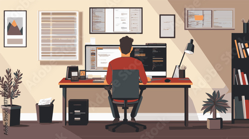 Young man working on computer. Business people sitting at office desk. Flat design vector illustration