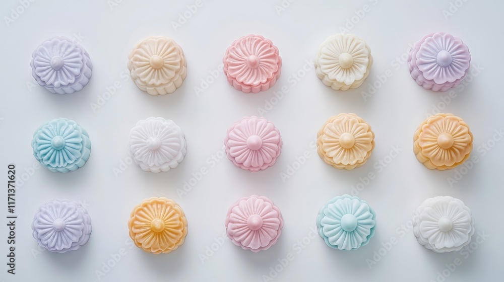 Elegant Pastel Mooncakes on White Surface Elegant Pastel Mooncakes on White Surface