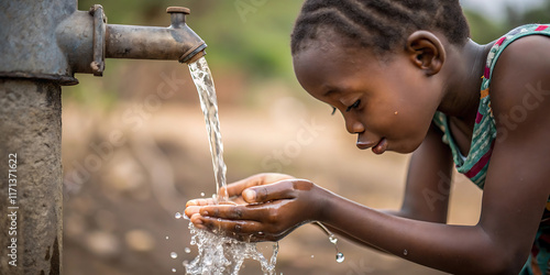 Child enjoying fresh water from community well promoting clean water access and sustainability.