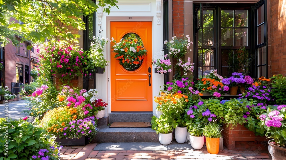 Obraz premium Vibrant flowers adorn a bright orange front door of a charming brick house on a sunny day.