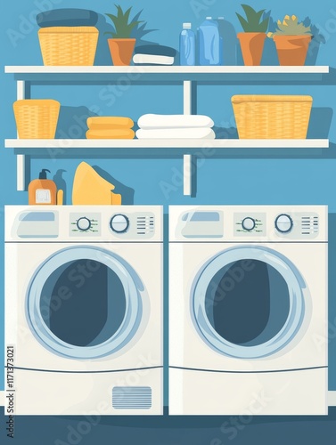 Wallpaper Mural Organized Laundry Room: Flat Vector Illustration of Washer, Dryer, and Shelves with Supplies Torontodigital.ca