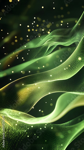 Abstract background featuring glowing green waves with sparkling particles creating a dynamic and ethereal atmosphere