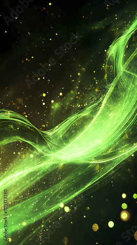 Glowing green abstract background with flowing lines and shimmering particles creates a vibrant and dynamic atmosphere