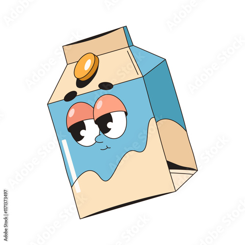 Isolated vector milk character in carton box. Funny icon of comic dairy product for breakfast. Anthropomorphic food with face. Drink pop art. Healthy and sweet dessert. Mascot for diet poster or print