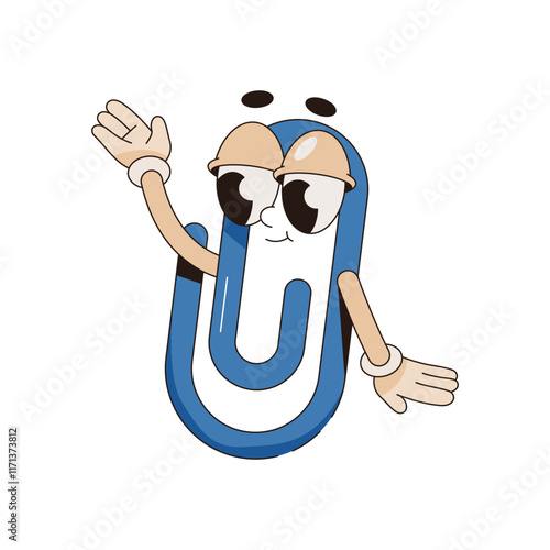 Funny paperclip clipart. Vector paper clip with face and eyes. Symbol or sticker, print of cartoon office tool or accessory for paper attachment. Education, paperwork. Pop art fastener for document.