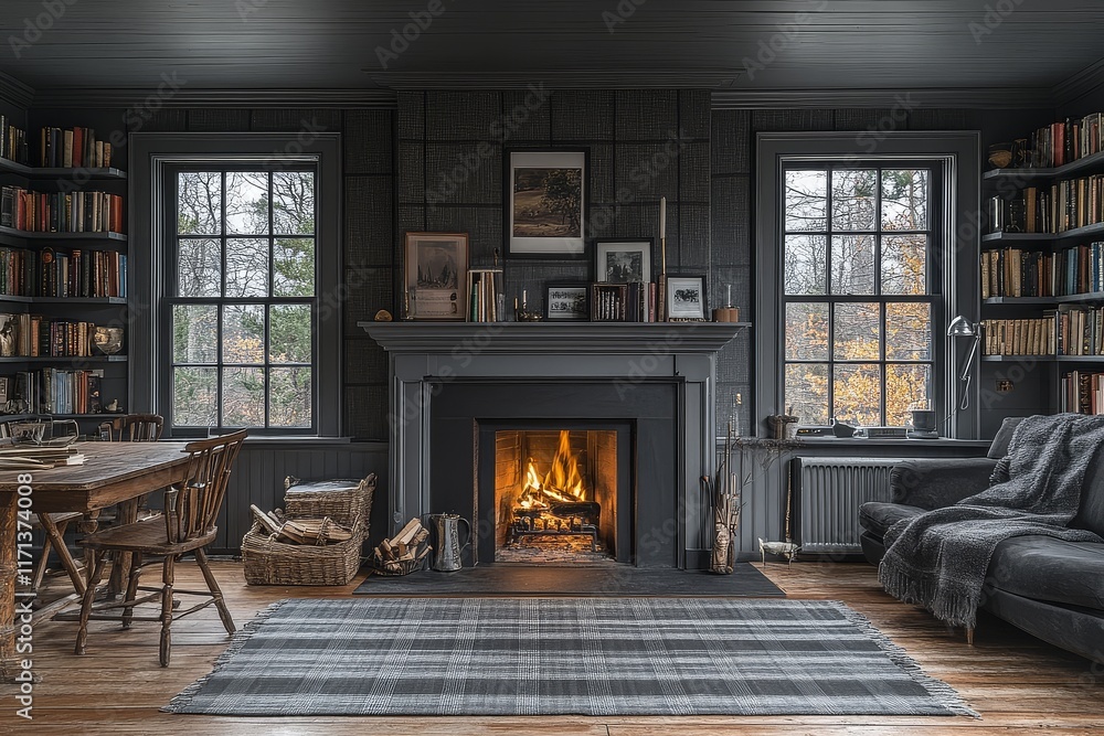 custom made wallpaper toronto digitalMid-century modern living room with fireplace, dining table, bookshelves, gray wallpapered walls, gray plaid rug, and white wainscoting around windows.